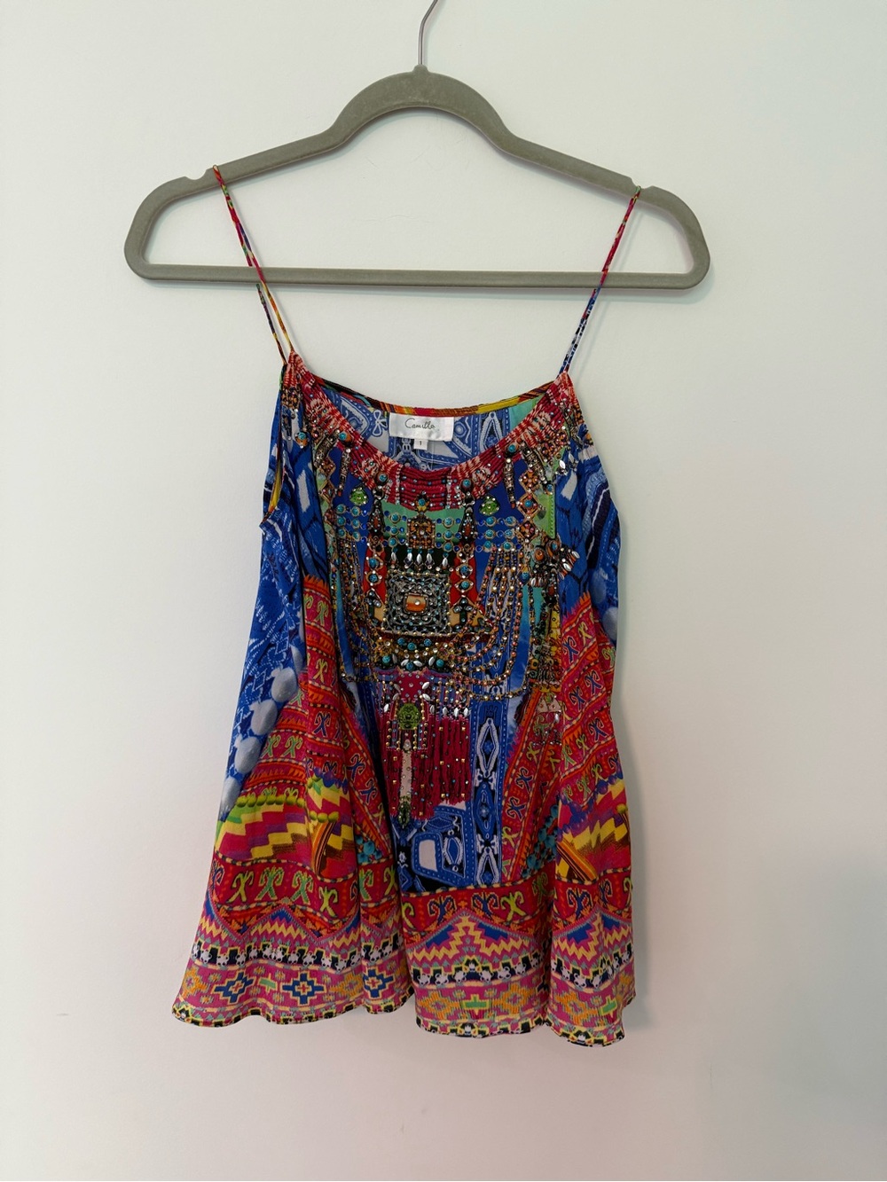 Camilla Silk Embellished Swing Cami Tank Top | Size 1 | Crystal Scarf Print - Picture 1 of 12